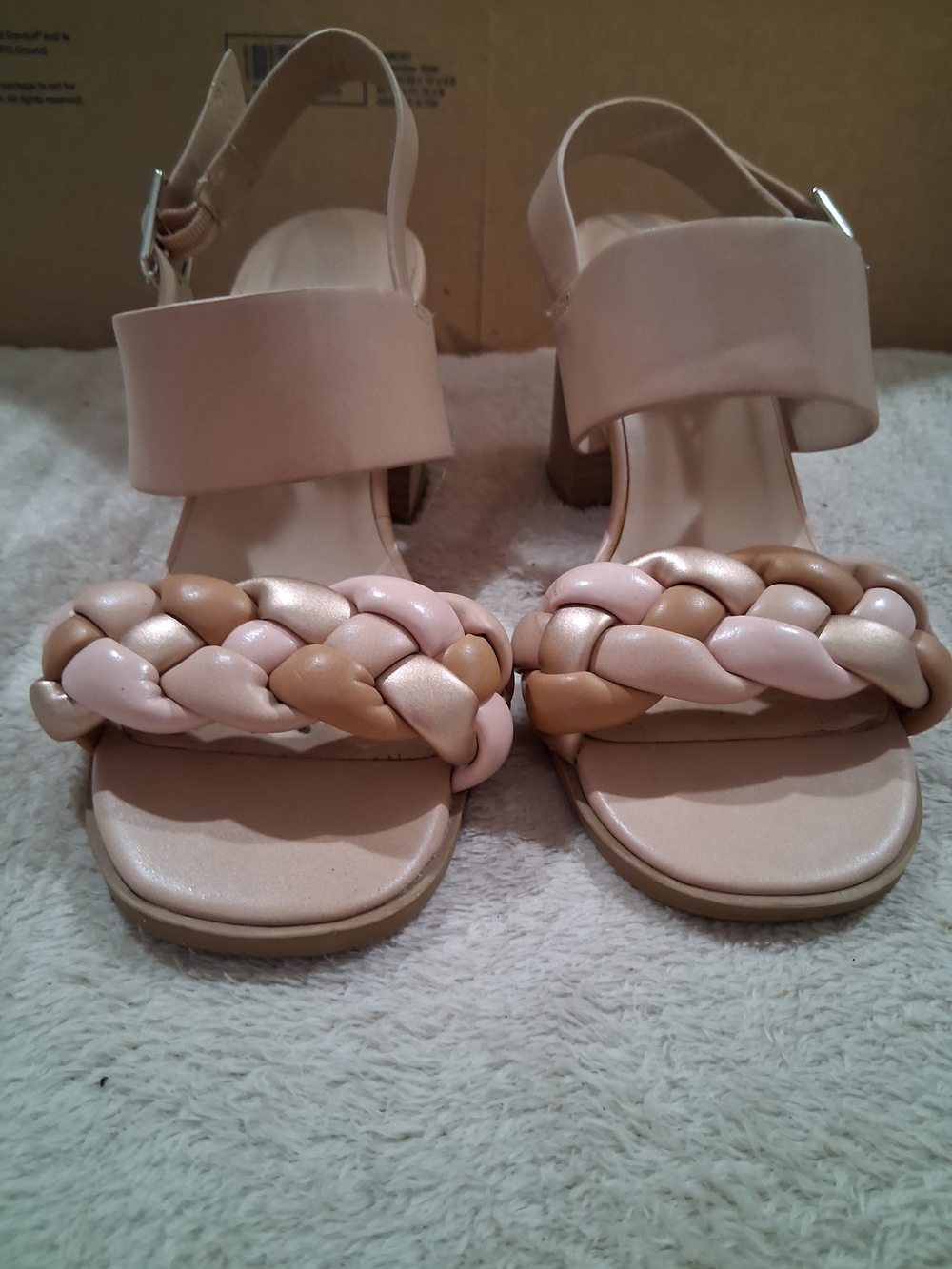 Braided Front Strap Block Heel Sandals in Pink and Tan